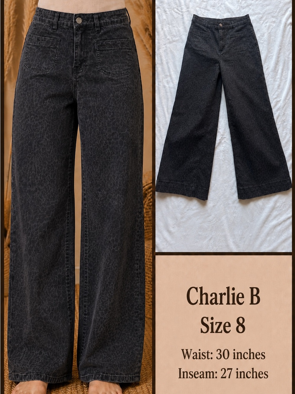 CHARLIE B Black Wide-Leg cheetah print Jeans